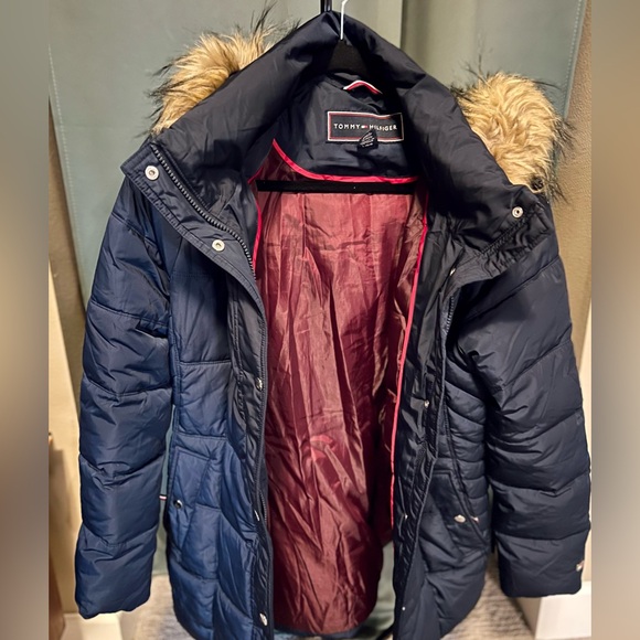 Tommy Hilfiger Puffer Coat Women’s Large - Blue Jacket - Detachable Fur Hood - Picture 2 of 6